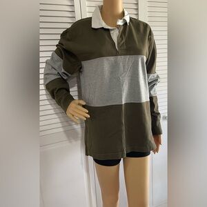 J.Crew Olive Green and White Label Detail Long Sleeve Top